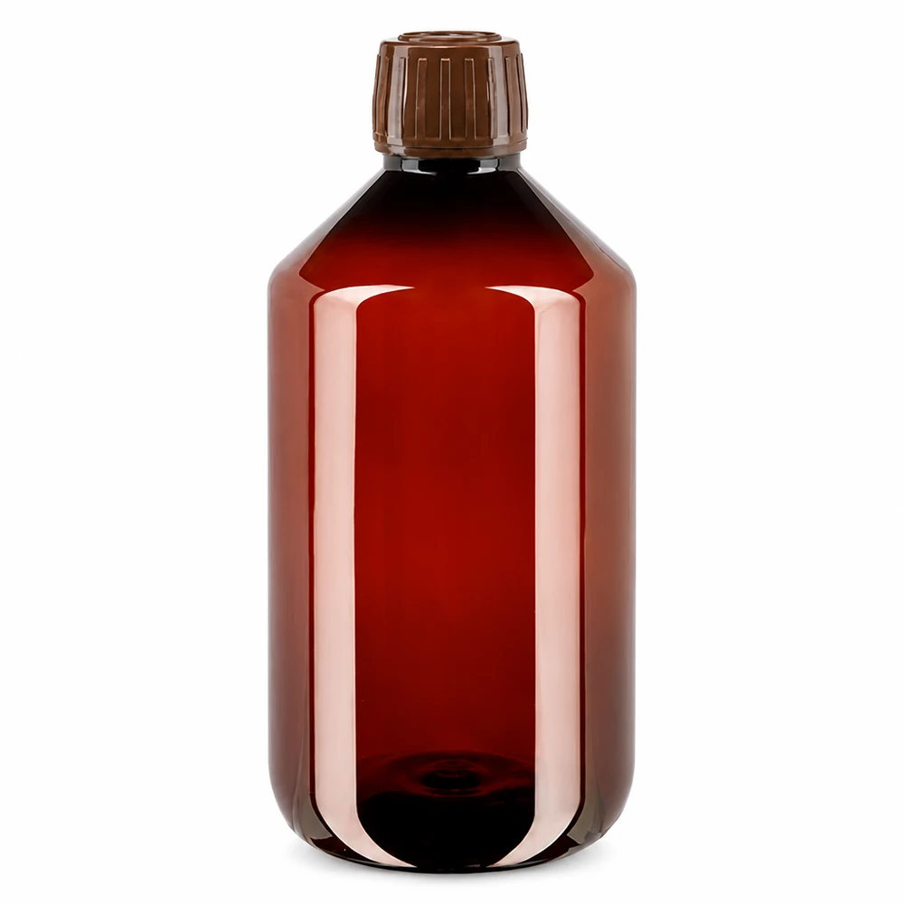 500ml Pharmaflasche aus braunem PET Kunststoff mit braunem OV Verschluss