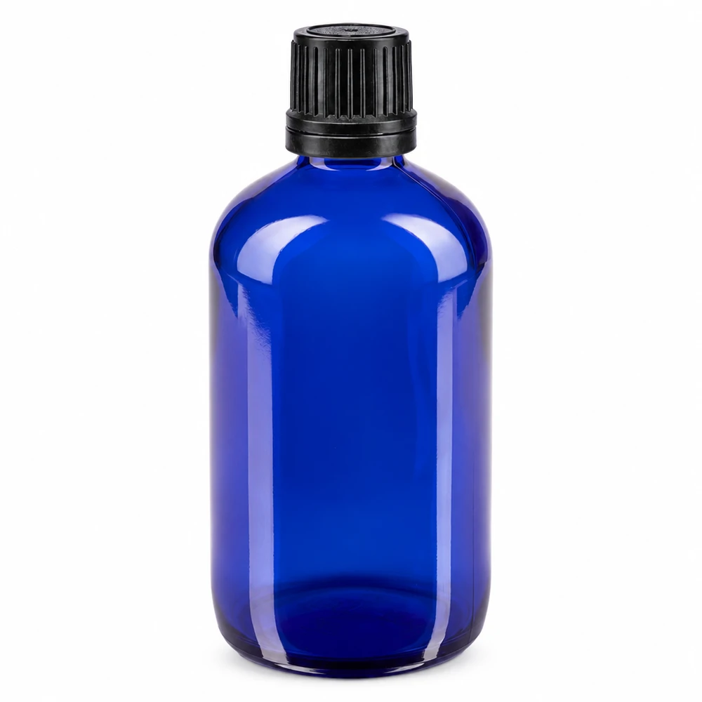 Butelka apteczna niebieska 100ml zakrętka czarny nalewak r. OV Niebieska szklana buteleczka apteczna o pojemności 100 ml z oryginalnym czarnym zamknięciem 8 mm