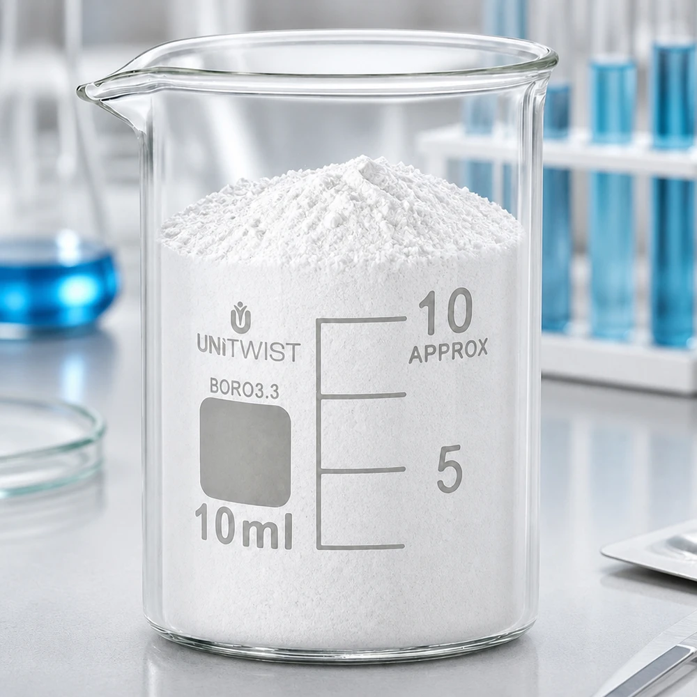 Szklanka UNiTWIST o pojemności 10 ml, o niskim profilu, wypełniona białym proszkiem w profesjonalnym laboratorium