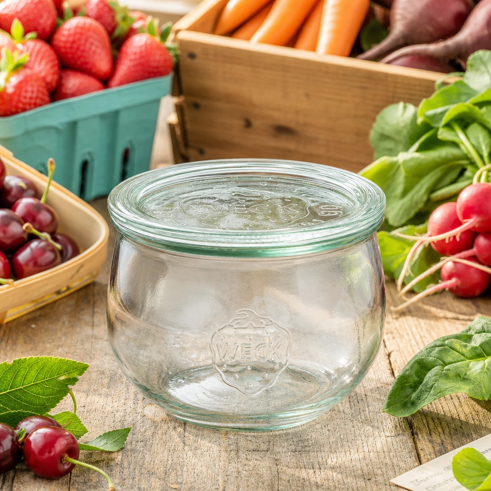 Słoik tulipan o pojemności 580 ml ze szklaną pokrywką WECK RR100 Słoik WECK tulipan 580ml RR100 ze szklaną pokrywką ułożony między świeżymi owocami i warzywami na rustykalnym drewnianym stole