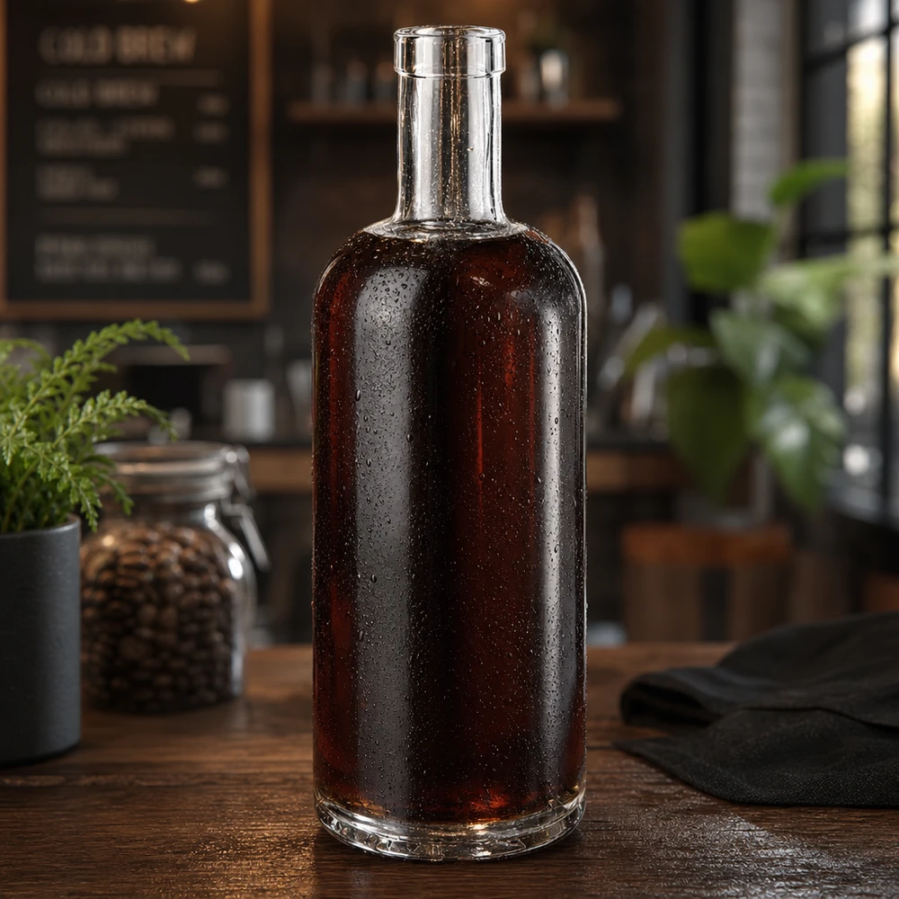 750 ml szklana butelka Emma wypełniona ciemną whisky w rustykalnej kuchni z kroplami wody na powierzchni