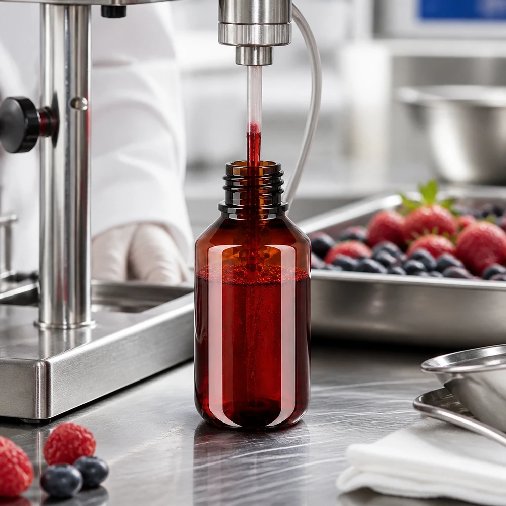 Butelka PET o pojemności 100 ml w kolorze bursztynowym jest napełniana maszynowo czerwonym sokiem jagodowym