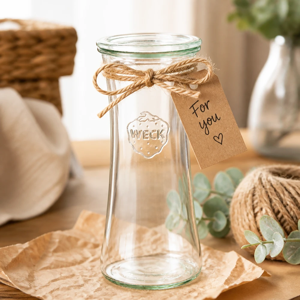 Słoik delikatesowy 700ml ze szklaną pokrywką WECK RR80 WECK Delikatessenglas 700ml RR80 mit Geschenkanhänger und Juteschnur - dekoratives Einmachglas als Geschenkidee