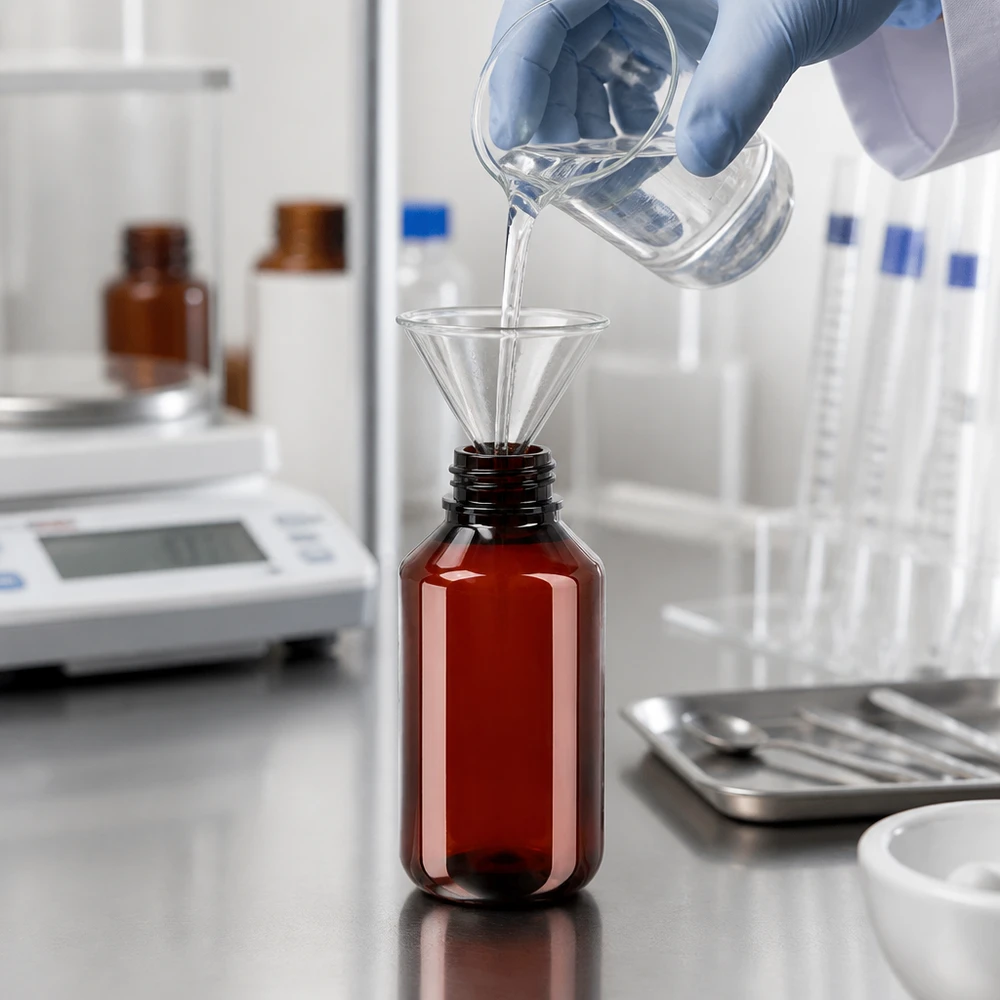 Farmaceuta napełnia brązową butelkę PET o pojemności 100 ml płynem za pomocą szklanego leja, używając wagi laboratoryjnej