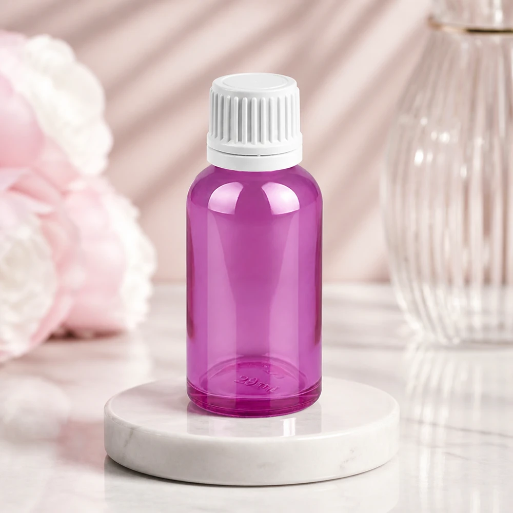 Butelka 30 ml z otworem 11 mm w kolorze fioletowym do precyzyjnego dozowania produktów do pielęgnacji skóry