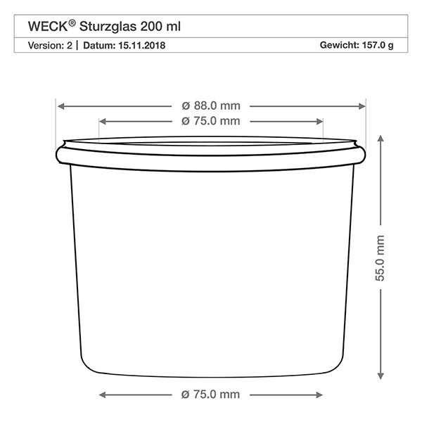 Kubki 200ml WECK RR80 z drewnianą kulką buk Rysunek techniczny kubka WECK 200ml RR80 o wymiarach 88mm średnica, 55mm wysokość, waga 157g
