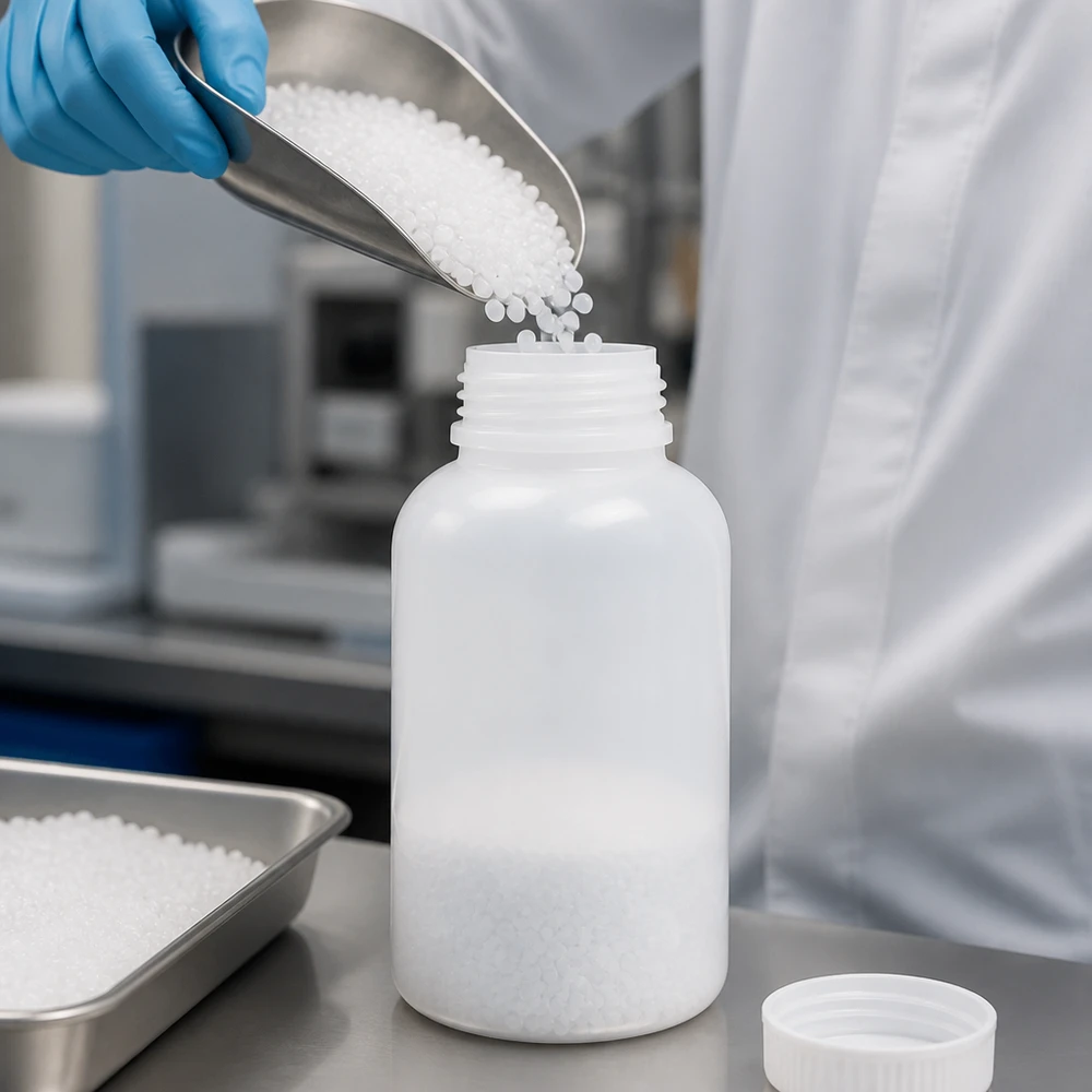 Butelka laboratoryjna 500 ml z szeroką szyjką bez zakrętki Butelka laboratoryjna o pojemności 500 ml z HDPE, z szeroką szyjką, przeznaczona do napełniania granulatem