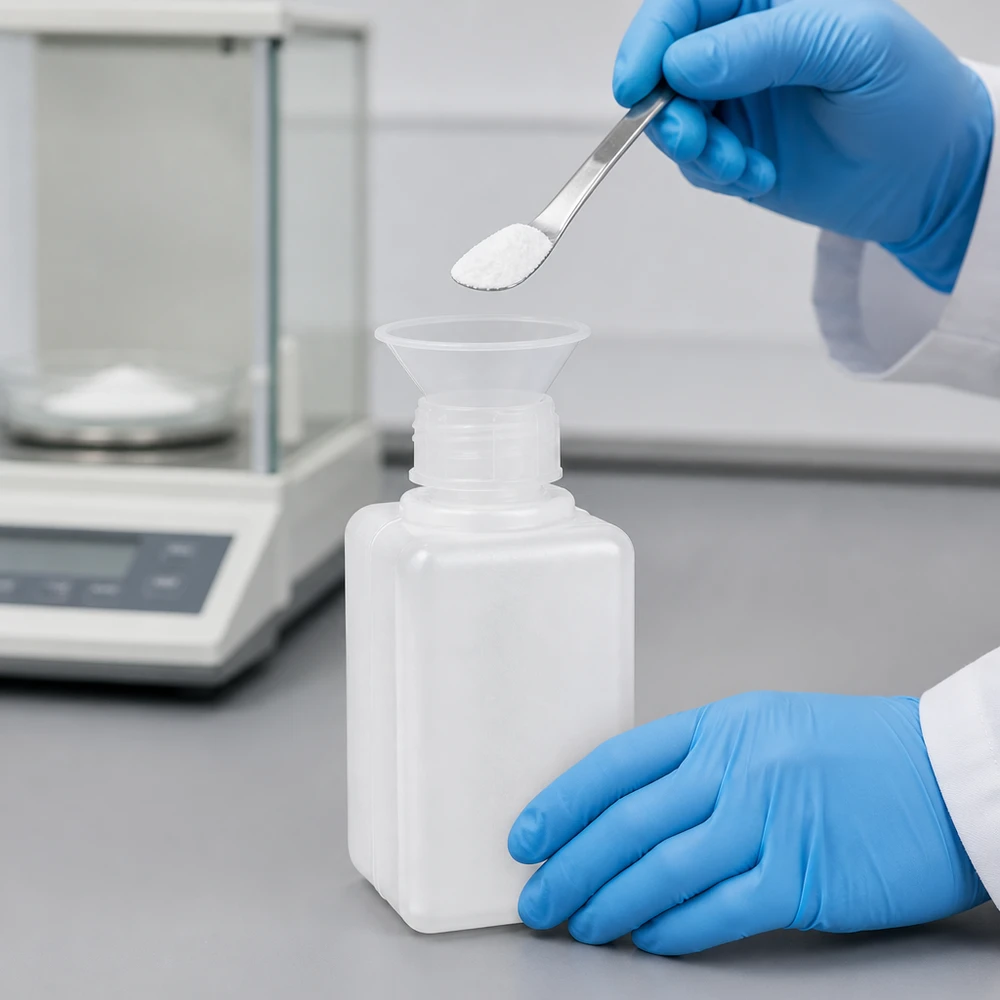 Butelka na chemikalia 50 ml, wąska szyjka z PE-HD, kolor naturalny Butelka na chemikalia o pojemności 50 ml, z polietylenu HD, z wąską szyjką, w kolorze naturalnym, z lejkiem i szpatułką laboratoryjną do napełniania