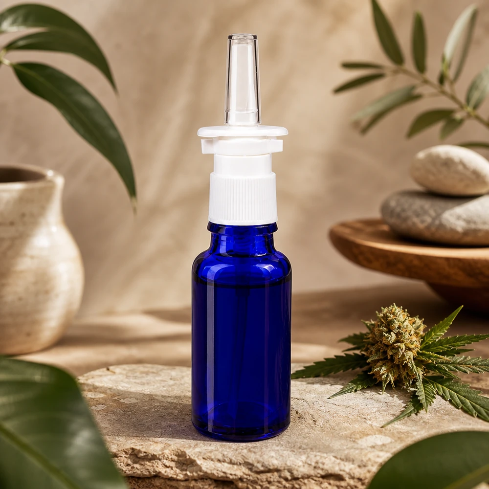 Butelka na spray do nosa o pojemności 20 ml, wykonana ze szkła z ochroną przed promieniowaniem UV w kolorze kobaltowym, z białym rozpylaczem na tle z naturalnego kamienia