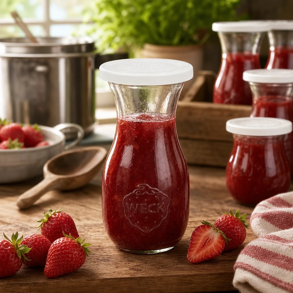 Butelka na sok o pojemności 290 ml z pokrywką zapewniającą świeżość WECK RR60 Butelka soku WECK 290 ml wypełniona dżemem z czerwonych truskawek otoczona świeżymi truskawkami na drewnianym stole