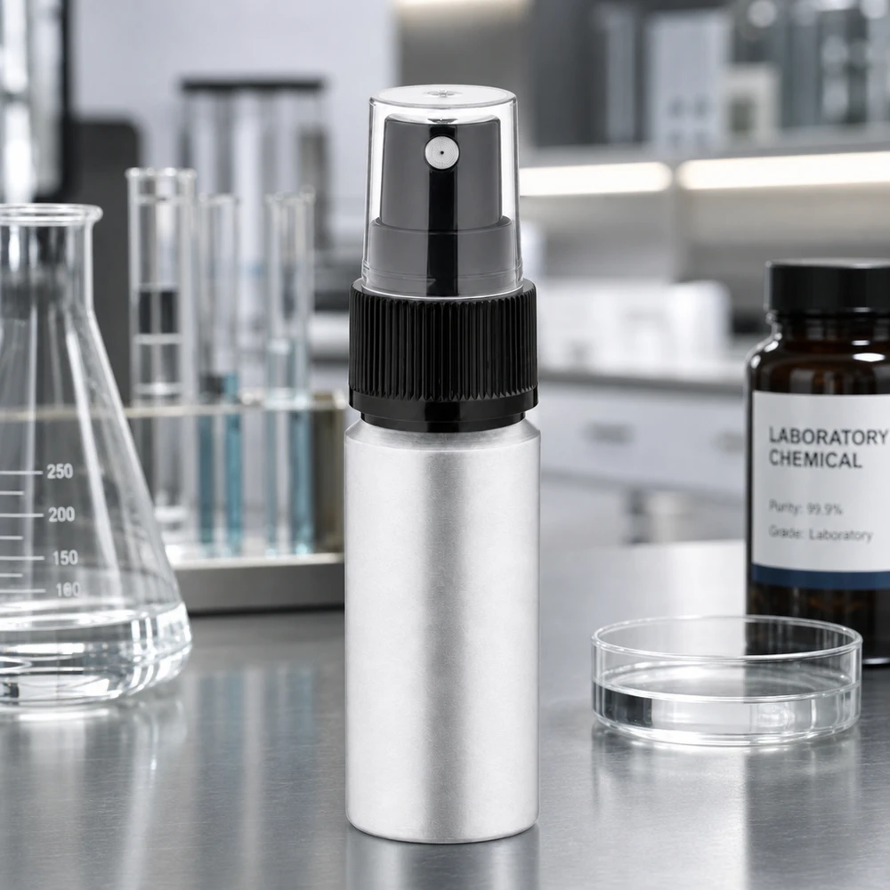 Butelka z barwionego aluminium o pojemności 20 ml z atomizerem Kompaktowa butelka z wytrawionego aluminium o pojemności 20 ml z czarnym atomizerem do zastosowań mobilnych