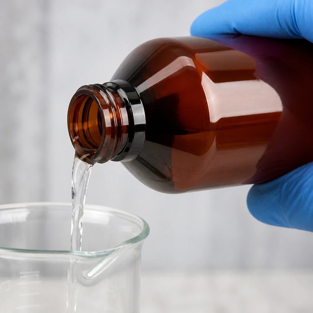 Butelka PET o pojemności 750 ml w kolorze bursztynowym jest opróżniana do szklanki z przezroczystym płynem