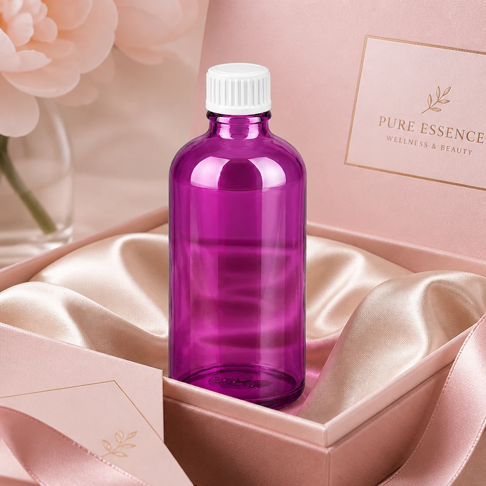 Butelka 100 ml (kuleczka) z pierścieniem nalewowym 3 mm, biała Standard PurpleLine. UT18/100 Elegancka fioletowa szklana butelka 100 ml z gwintem UT18 do wysokiej jakości produktów wellness i kosmetycznych
