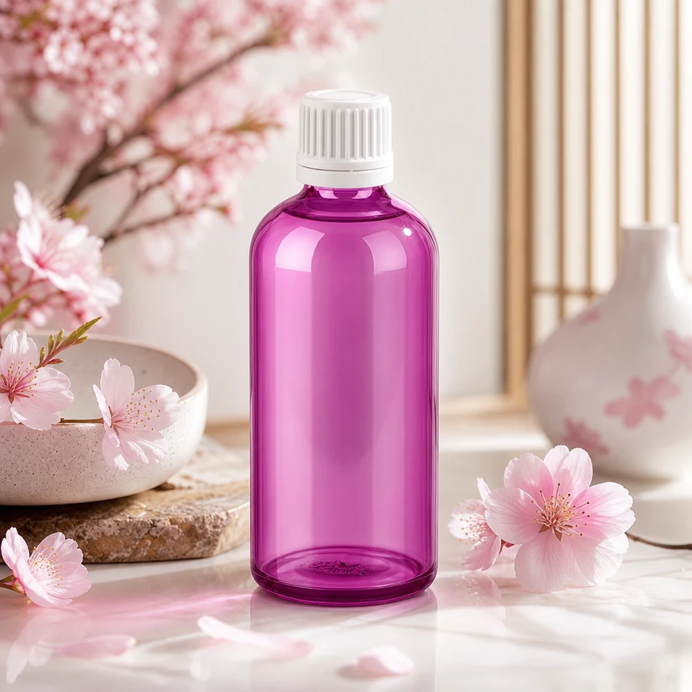 Butelka 100 ml z zakrętką 11 mm biała Oryginalna zakrętka PurpleLine UT18/100 Wysokiej jakości szklana butelka o pojemności 100 ml w kolorze promiennego fioletu z profesjonalną białą nakrętką do zastosowań w spa