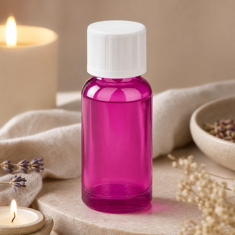 Butelka 20 ml z zakrętką 11 mm, biała, standardowa, zabezpieczona przed dziećmi PurpleLine UT18/20 Mała szklana butelka 20 ml w eleganckim fioletowym kolorze z białą zakrętką na kosmetyki