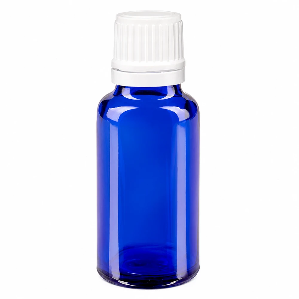 20 ml niebieska szklana buteleczka apteczna z białym zamknięciem zabezpieczającym oraz wkładem kroplomierzem o średnicy 0,7 mm