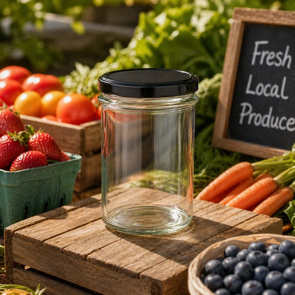 Szklanka z pokrywką BasicSeal, czarna, 230 ml, UN.. 230ml słoik z czarną pokrywką BasicSeal pomiędzy świeżymi owocami i warzywami na drewnianym stole Farmers Market scene