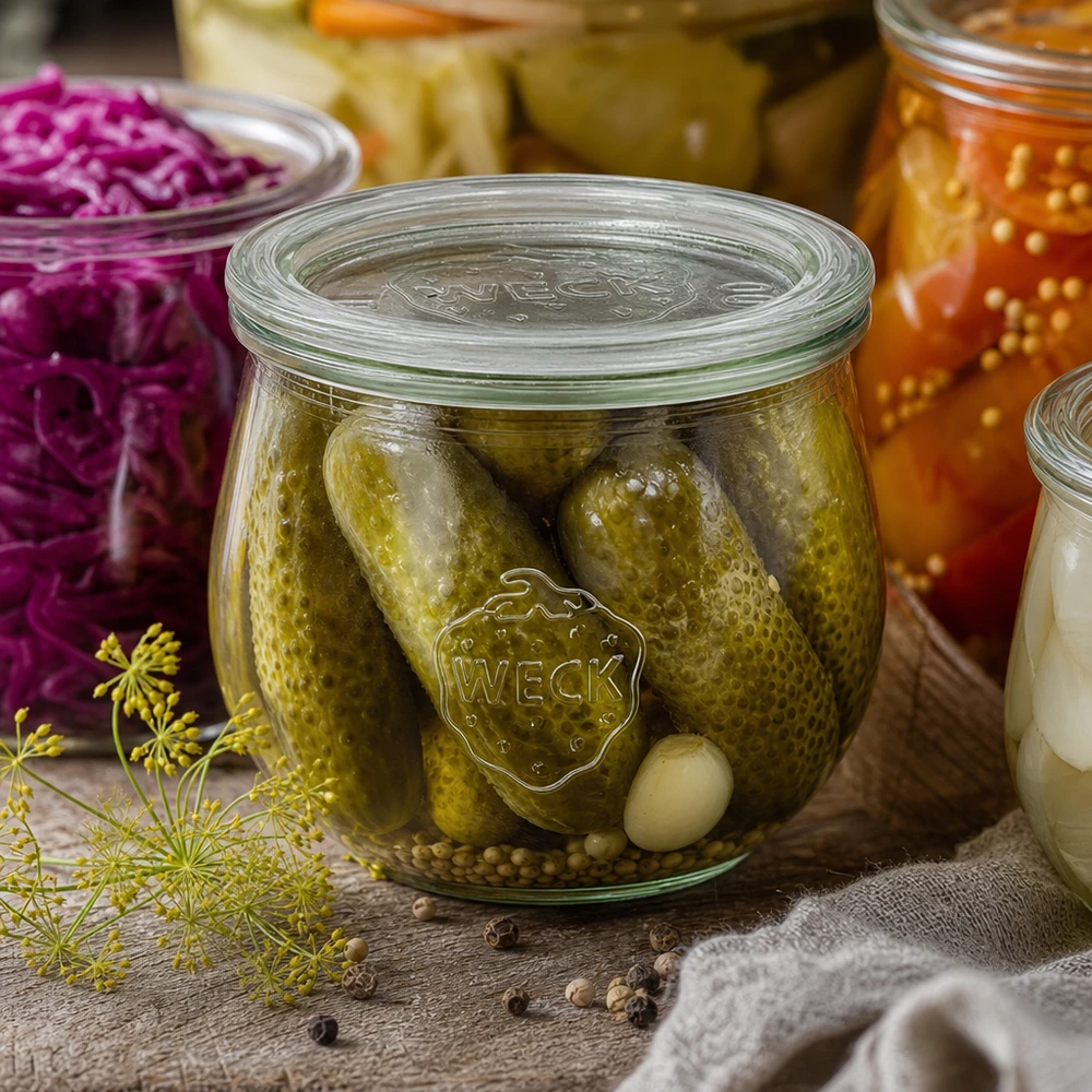 Słoik tulipan o pojemności 580 ml ze szklaną pokrywką WECK RR100 WECK słoik tulipan 580ml RR100 z marynowanymi korniszonami i przyprawami między fermentowanymi warzywami i ziołami