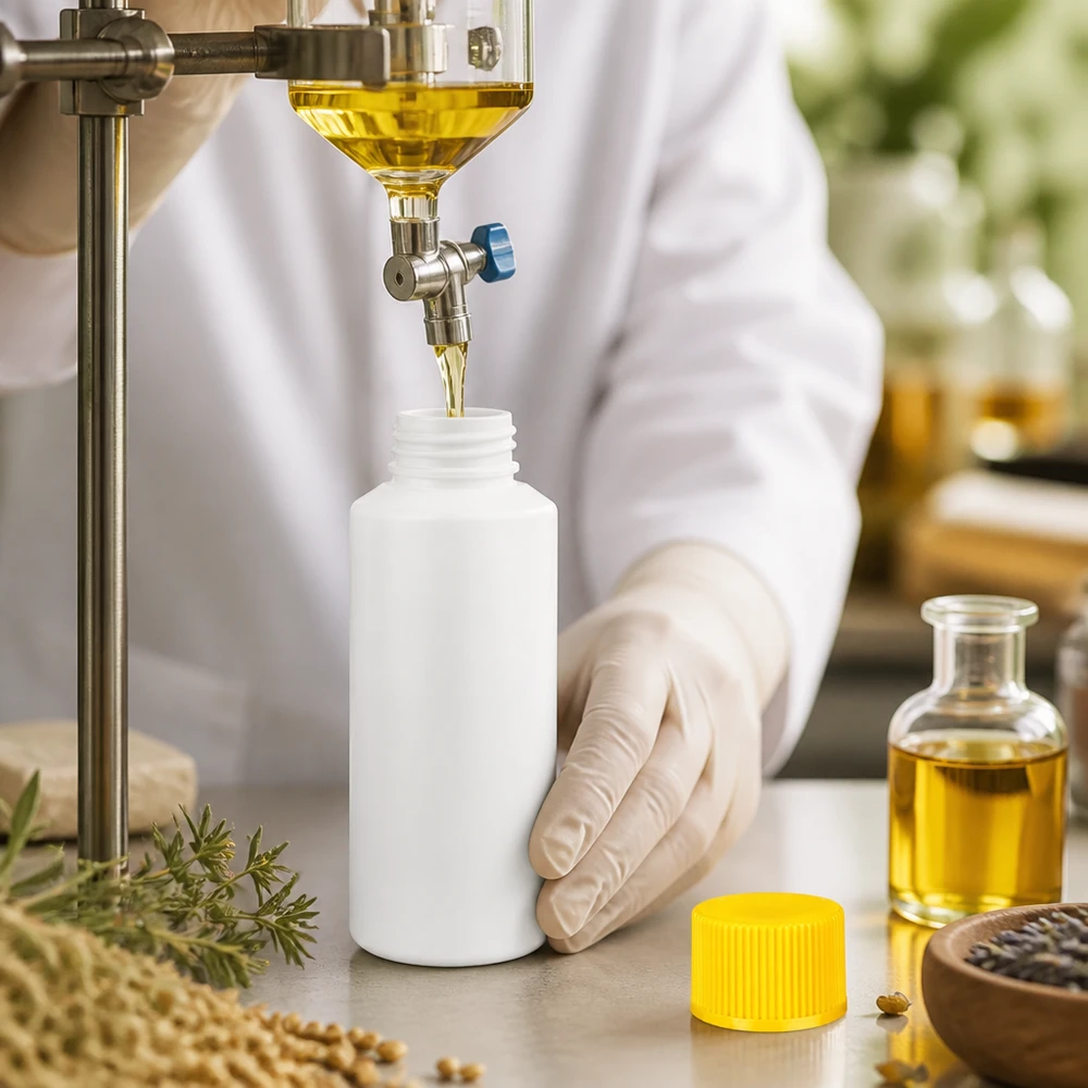 Butelka apteczna HDPE 30ml biała, z żółtym SV Biała butelka farmaceutyczna z HDPE o pojemności 30 ml z żółtym znakiem SV podczas profesjonalnego procesu napełniania w pomieszczeniu czystym