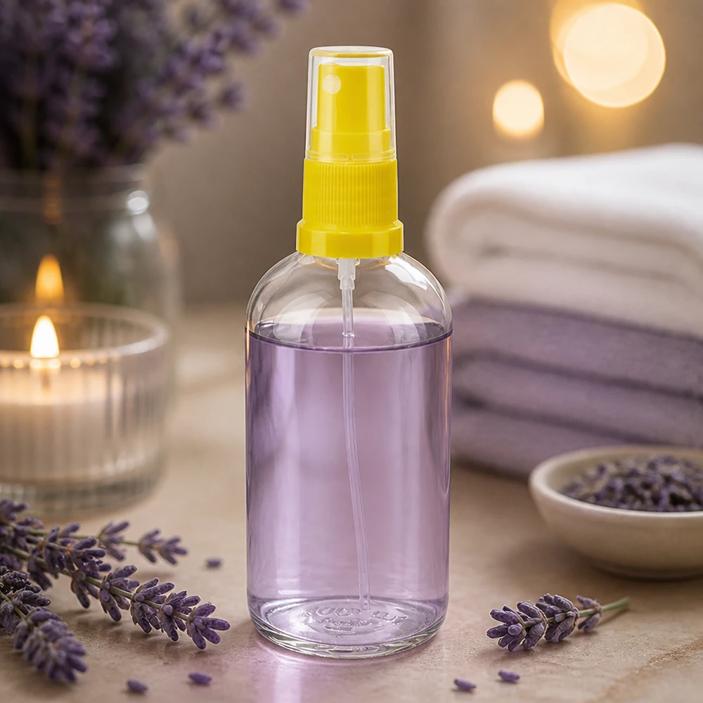 100 ml butelka ze spryskiwaczem żółta/przezroczysta STD ClearLine UT18/100 Butelka z atomizerem z lawendą, 100 ml, żółta głowica z pompką, przezroczysty pojemnik, do aromaterapii wellness