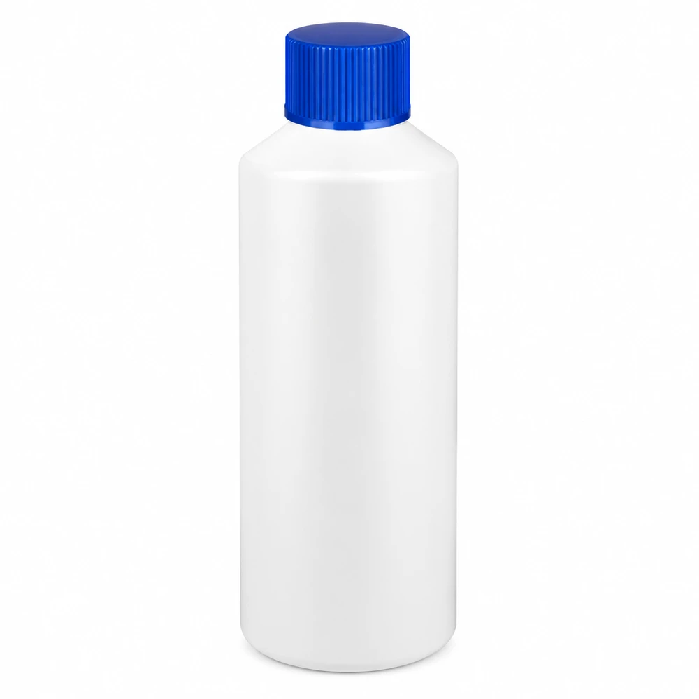 Biała butelka apteczna z HDPE o pojemności 100 ml z niebieską zakrętką, wykonana z wysokiej jakości tworzywa sztucznego