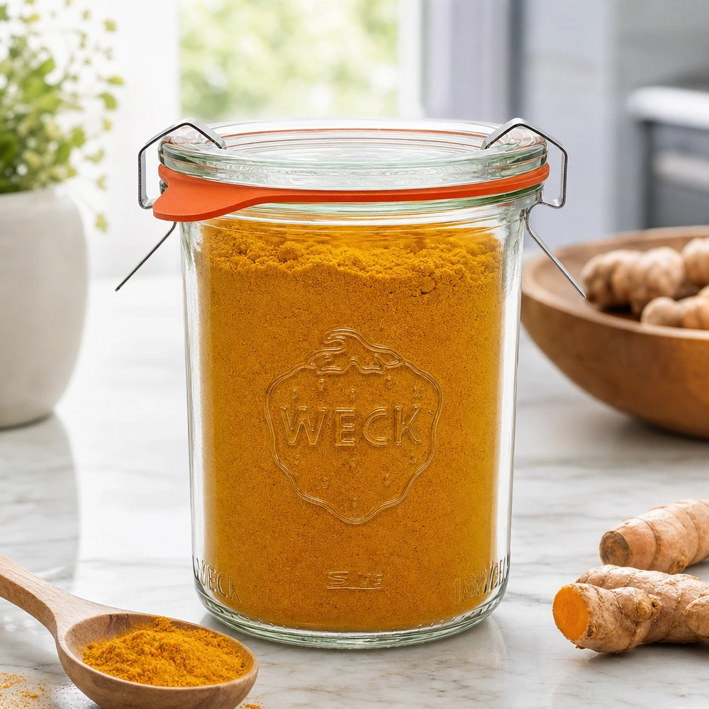 Kubki 160 ml w komplecie WECK RR60 WECK Sturzglas 160ml RR60 mit Kurkumapulver gefüllt neben Ingwerwurzeln zeigt perfekte Gewürzaufbewahrung