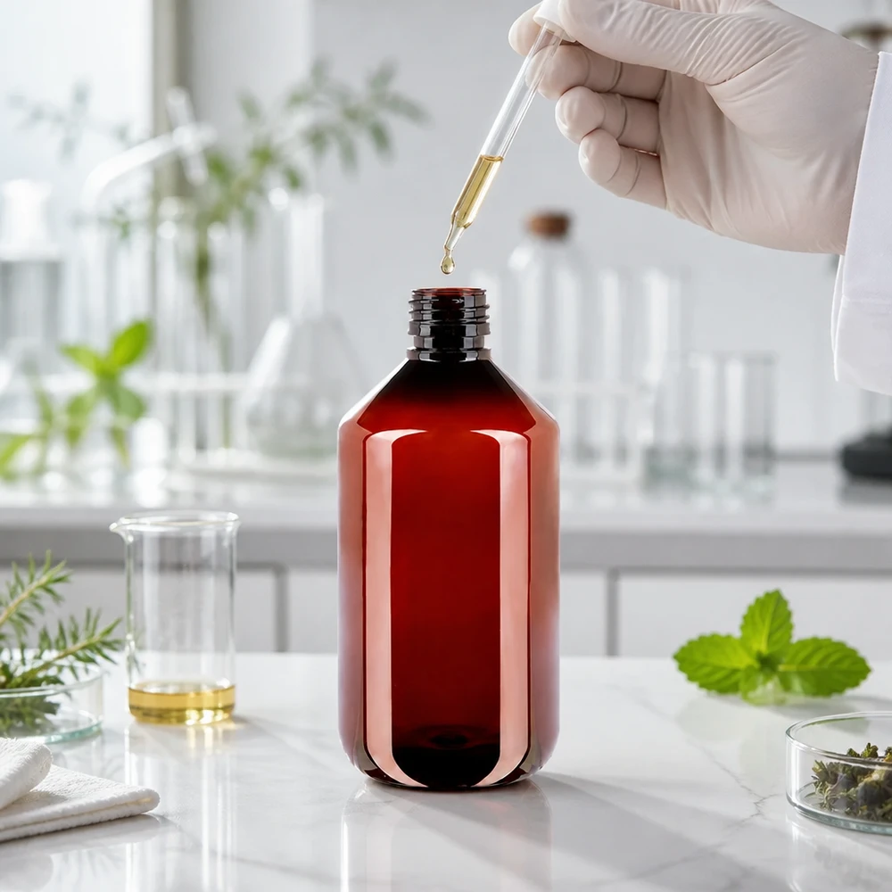 Brązowa butelka z tworzywa PET o pojemności 500 ml w laboratorium, z pipetą i ziołami na białym blacie roboczym