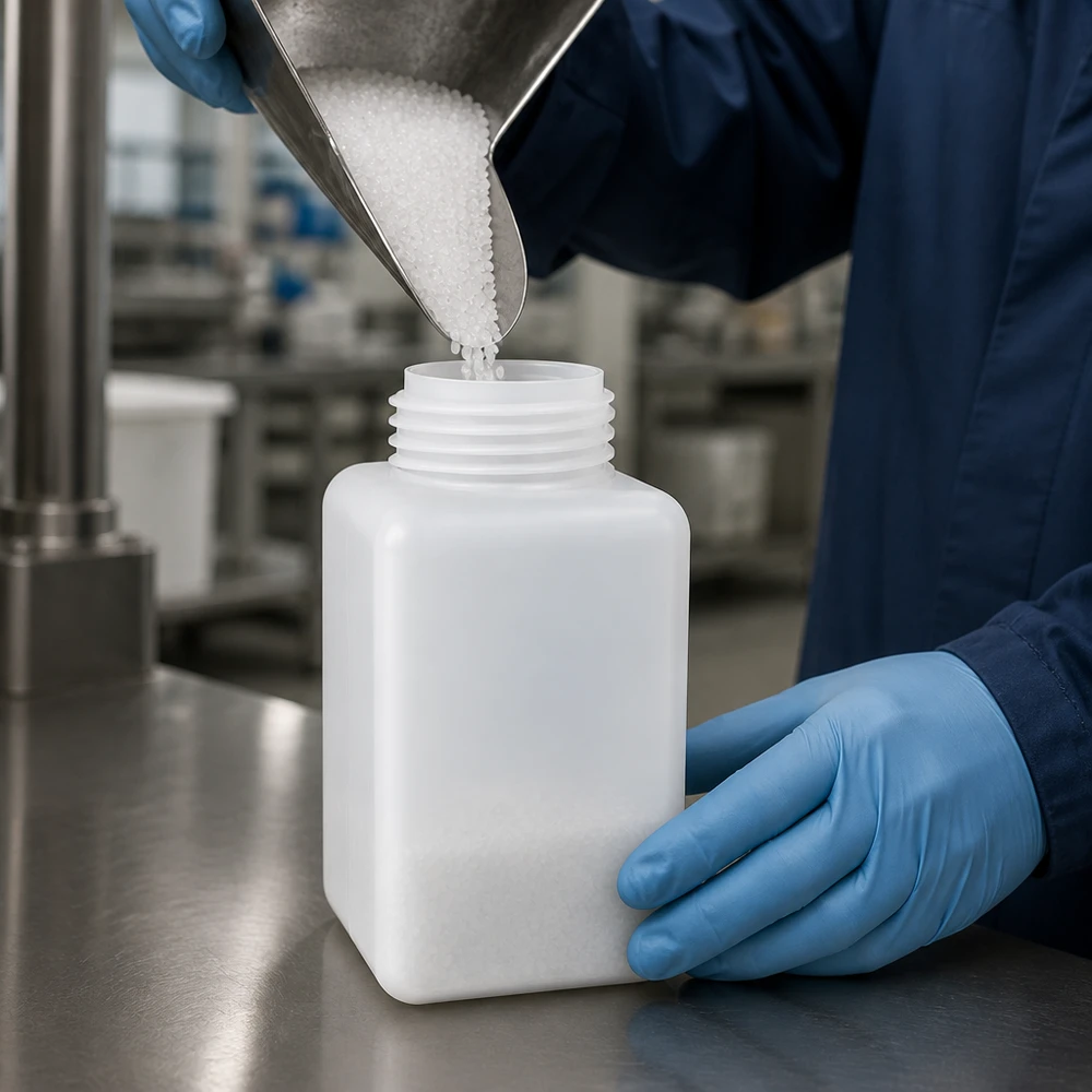 Laborant napełnia w pomieszczeniu czystym butelkę na chemikalia o pojemności 1000 ml, wykonaną z polietylenu wysokiej gęstości (PE-HD) i posiadającą wąską szyjkę, białymi granulkami