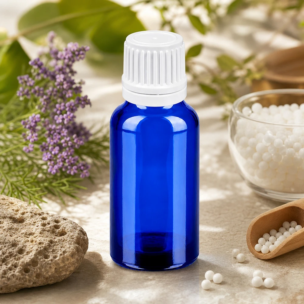 Wysokiej jakości niebieska szklana butelka 20 ml z białą zakrętką do naturalnych środków leczniczych
