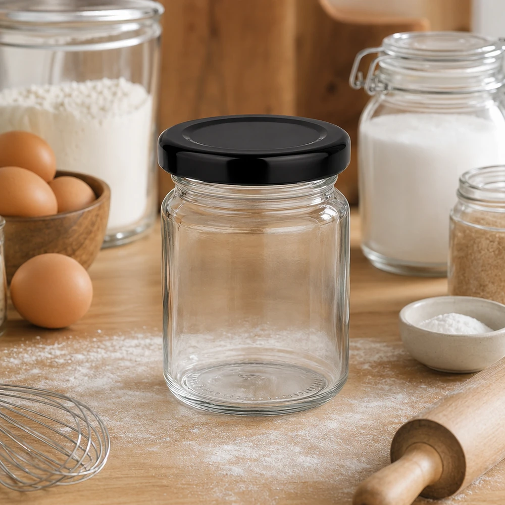 Szklanka okrągła 53 ml z pokrywką BasicSeal czarna UN.. 53ml Rundglas leer mit schwarzem Deckel in Backküche zwischen Mehl Eiern und Backzubehör vielseitige Küchenaufbewahrung