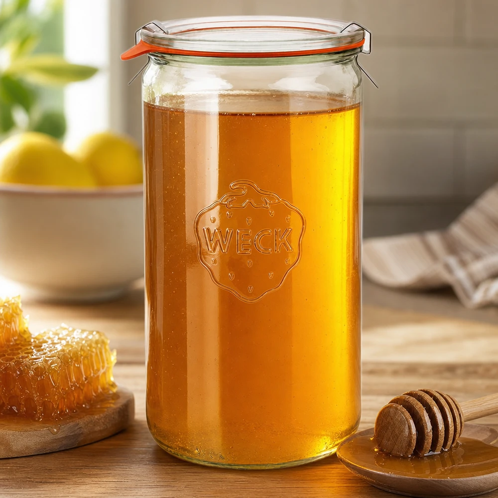 Słoik z butlą 1590 ml kompletny WECK RR100 WECK słoik cylindryczny 1590ml RR100 wypełniony miodem swing top pomarańczowy gumowy pierścień drewniana łyżka do miodu plaster miodu