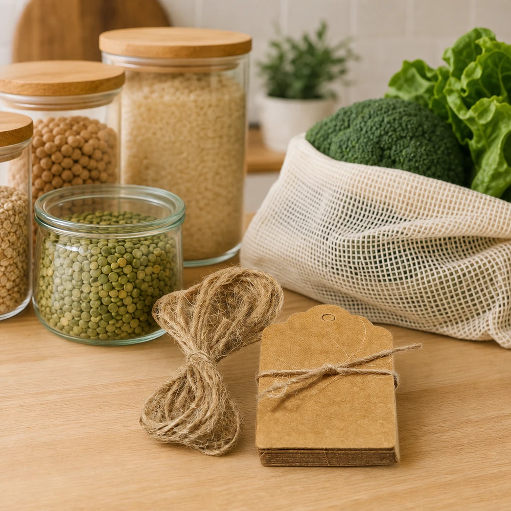 Zrównoważone etykiety z papieru pakowego ze sznurkiem z włókien naturalnych wraz z produktami bezodpadowymi i siatkowymi torbami do kuchni bez plastiku