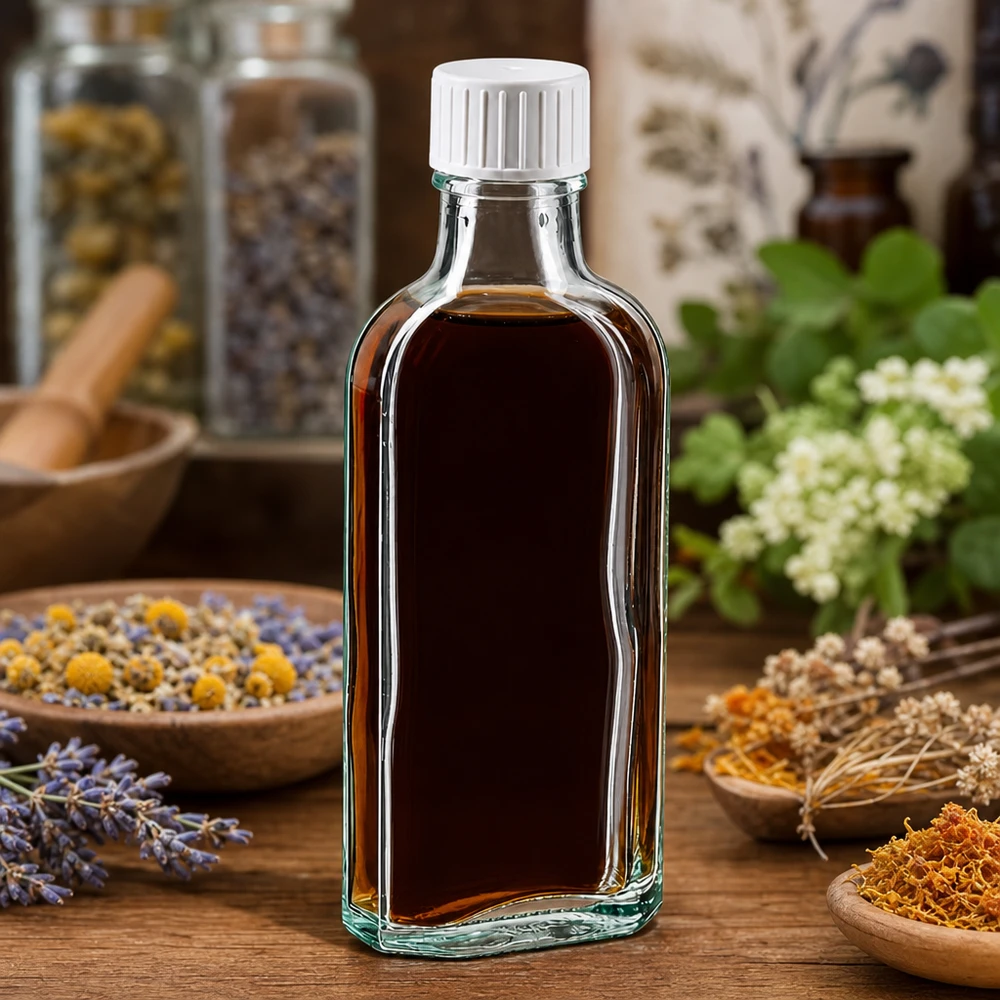 100 ml Przezroczysta zakrętka Meplat z pierścieniem do nalewania Przezroczysta butelka Meplat o pojemności 100 ml z zakrętką, wypełniona ekstraktem ziołowym, stojąca na drewnianym stole