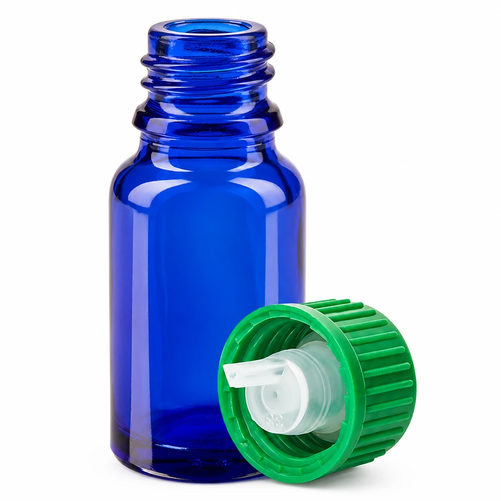 Butelka z kroplomierzem 10 ml 0,8 mm zielona STD BlueLine UT18/10 Butelka z niebieskiego szkła o pojemności 10 ml z zakraplaczem 0,8 mm do olejków eterycznych i nalewek
