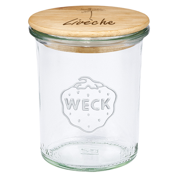 Drewniana pokrywka „Lubczyk” z odwróconym szklanym słoikiem WECK 160 ml Drewniana pokrywka „Lubczyk” z odwróconym szklanym słoikiem WECK 160 ml