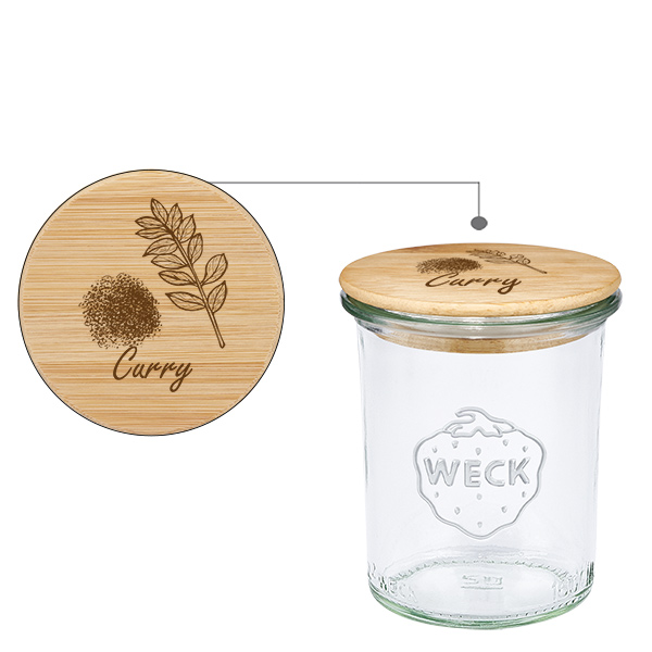 Drewniana pokrywa „Curry” z szklanym wkładem WECK 160 ml Drewniana pokrywa „Curry” z szklanym wkładem WECK 160 ml