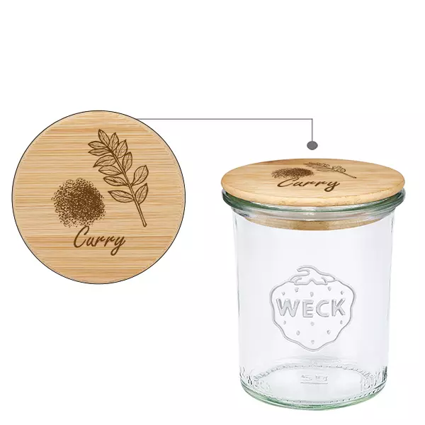 Drewniana pokrywa „Curry” z szklanym wkładem WECK 160 ml