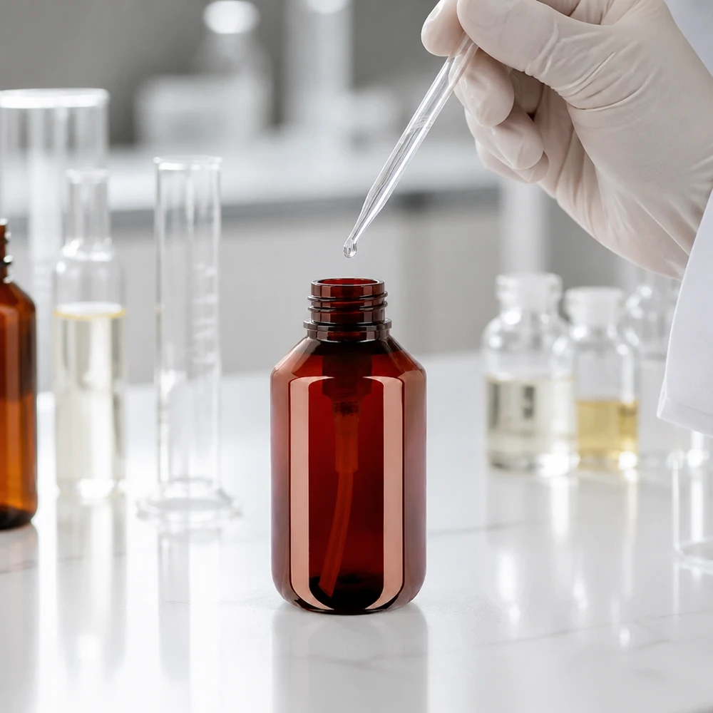 Handgeschützte Befüllung einer 100ml PET Flasche bernsteinfarben mit Dispenserpumpe weiss