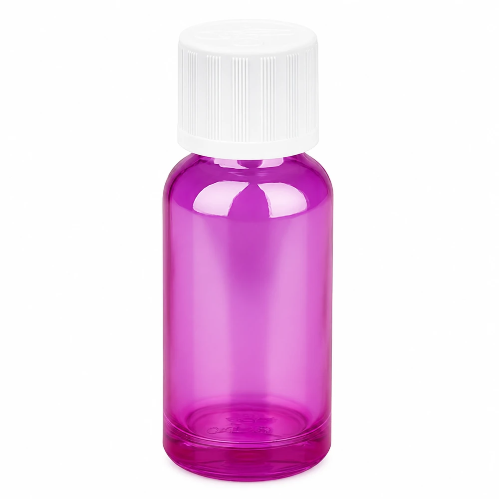 Butelka 20 ml z zakrętką 11 mm, biała, standardowa, zabezpieczona przed dziećmi PurpleLine UT18/20 Szklana butelka 20 ml fioletowa przezroczysta z białą zakrętką do kosmetyków i aromaterapii
