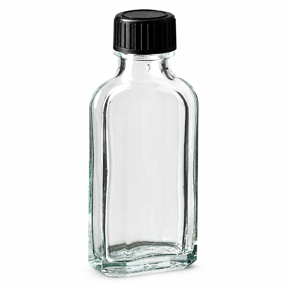 50 ml Przezroczysta zakrętka Meplat z dyskiem uszczelniającym z EPE Przezroczysta szklana butelka Meplat o pojemności 50 ml z czarną zakrętką i podkładką uszczelniającą z EPE