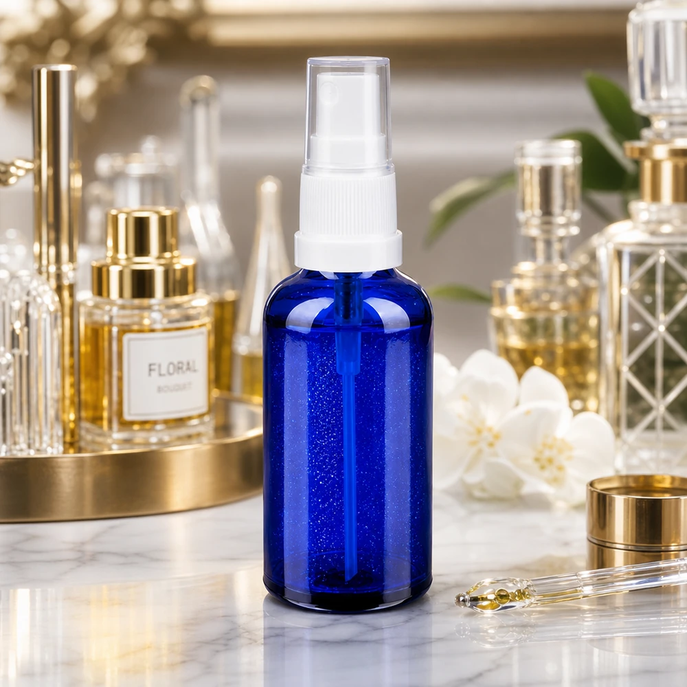 Butelka ze spryskiwaczem 50 ml biała/przezroczysta STD BlueLine UT18/50 Wysokiej jakości szklana butelka o pojemności 50 ml z ergonomiczną głowicą rozpylającą dla równomiernego rozprowadzania serum