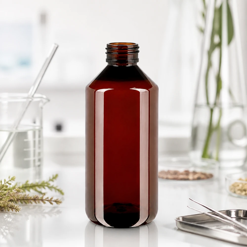 Butelka PET 1000 ml z białą nakrętką typu flip-top. Pusta brązowa butelka PET o pojemności 1000 ml z gwintem do białej nakrętki klapowej, przeznaczona do użytku w warunkach laboratoryjnych