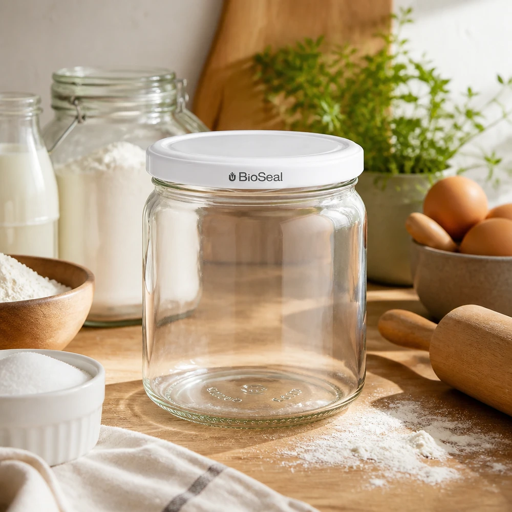 UNiTWIST Runda408 z białą pokrywką TO82 BioSeal UNiTWIST Runda408 leeres Einmachglas in gemütlicher Küche - vielseitiges Vorratsglas mit BioSeal für Backen und Kochen