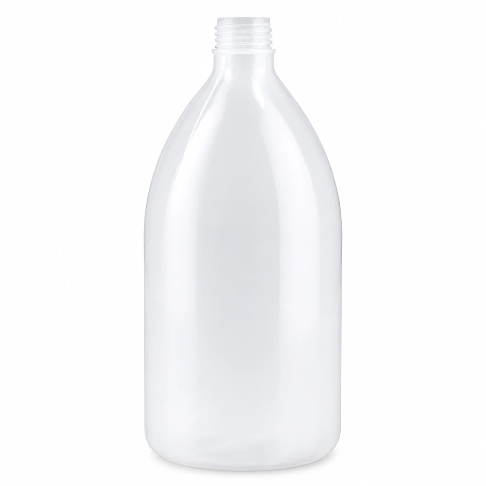 Butelka laboratoryjna 1000 ml z wąską szyjką bez zakrętki Butelka laboratoryjna o pojemności 1000 ml, z wąską szyjką, wykonana z przezroczystego tworzywa HDPE, bez zamknięcia