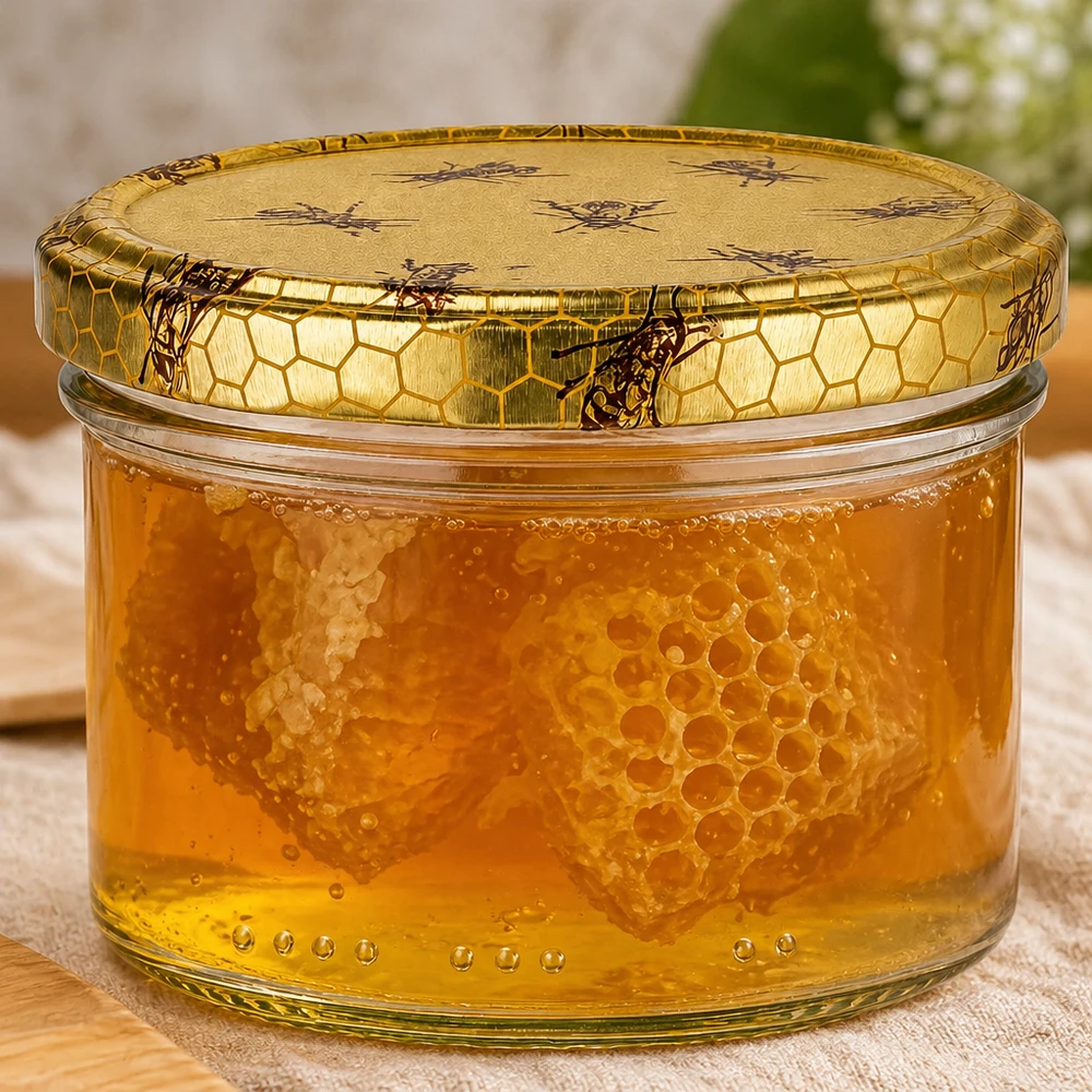 300g Honigglas mit Bienenwabe Deckel BasicSeal UNiTWIST Słoik miodu 300g wypełniony złotym plastrem miodu w miodzie, ozdobna zakrętka z motywem pszczoły