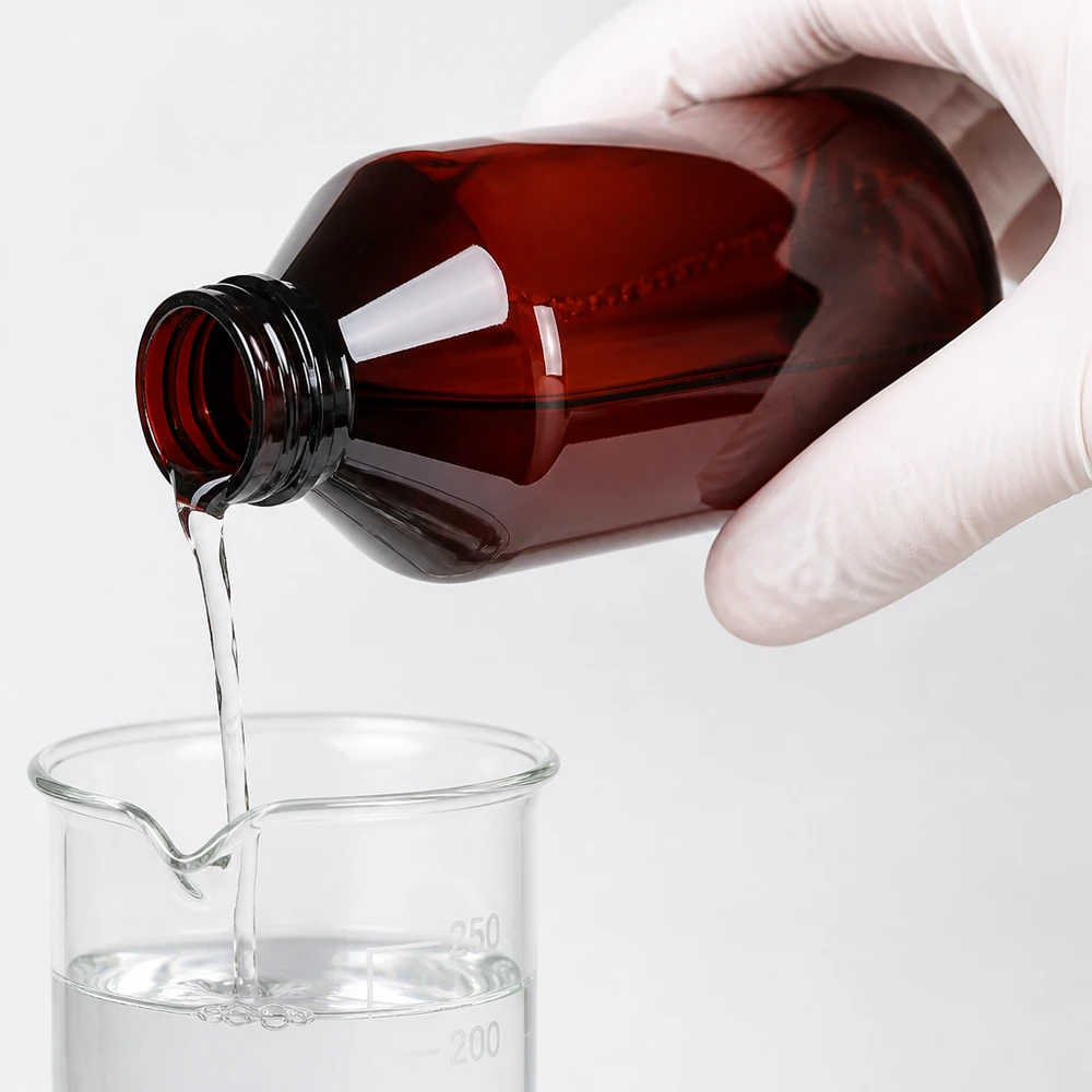 Przezroczysty płyn przelewa się z brązowej butelki PET do zlewki laboratoryjnej o pojemności 250 ml, mając na rękach rękawiczki ochronne