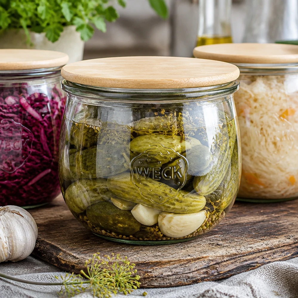 Słoik tulipanowy WECK RR100 o pojemności 580 ml z drewnianą pokrywką WECK Tulpenglas 580ml RR100 mit Holzdeckel für eingelegte Gurken und Gemüse - stilvolle Einmachgläser-Serie