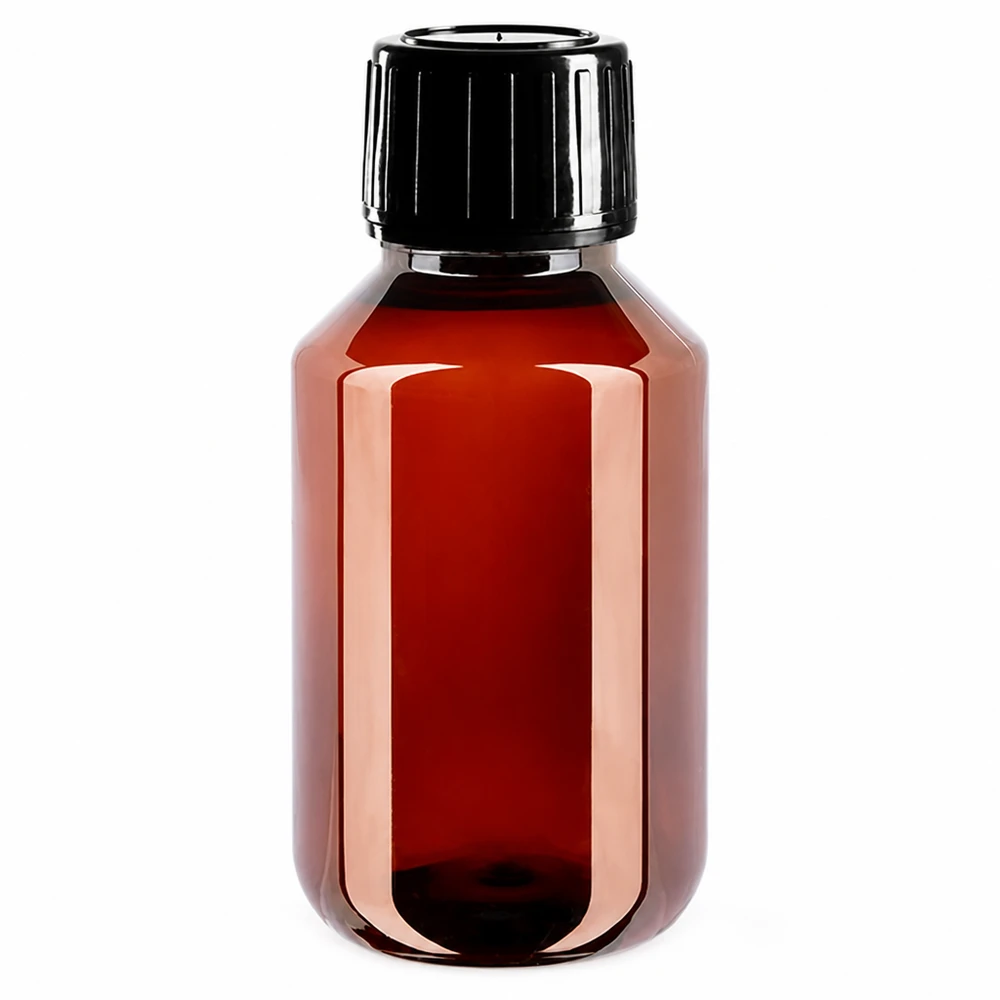 Butelka PET 100 ml z czarną nakrętką OV Kompakte PET Kunststoffflasche 100ml in Braun mit auslaufsicherem schwarzen Spritzverschluss