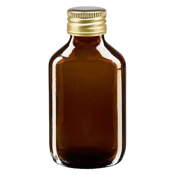 Butelka na lek 150 ml, brązowa, ze złotą aluminiową zakrętką ApoGlas. Farmaceutyczna jakość produkcji UE. Gwint 28 mm (PP28). (syrop, butelka z lekkiego szkła) Butelka na lek 150 ml, brązowa, ze złotą aluminiową zakrętką ApoGlas. Farmaceutyczna jakość produkcji UE. Gwint 28 mm (PP28). (syrop, butelka z lekkiego szkła)