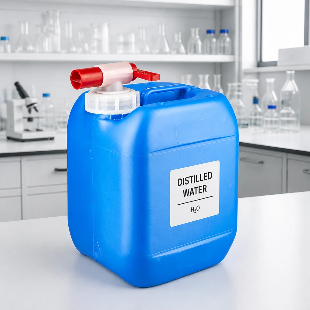 5-litrowy kanister laboratoryjny w kolorze niebieskim z czerwonym kranikiem do wody destylowanej H₂O